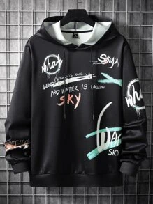 Manfinity Hombres Capucha con estampado de letra con cordón - Negro - Ver 1