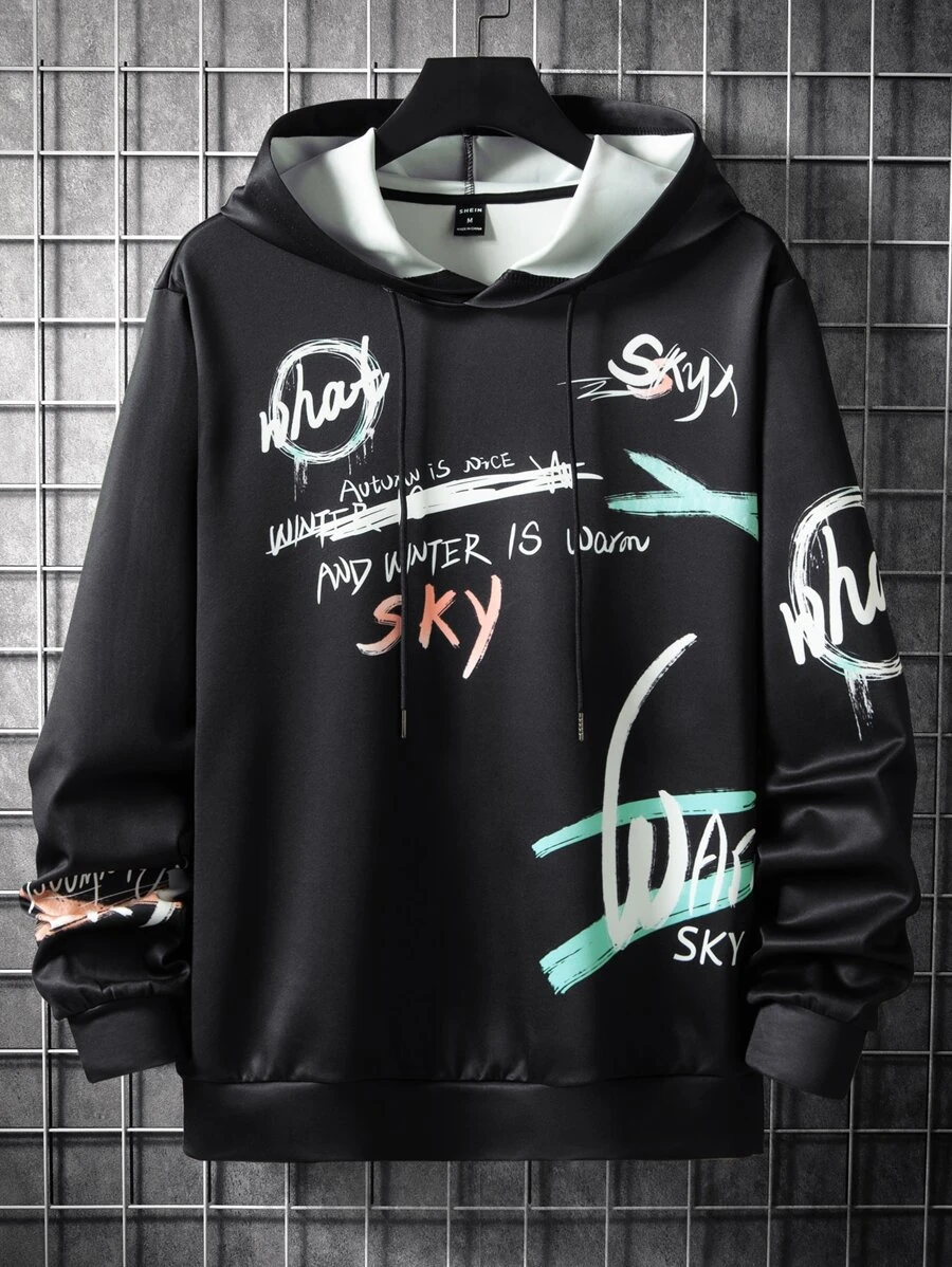 Manfinity Hombres Capucha con estampado de letra con cordón - Negro - Ver 1