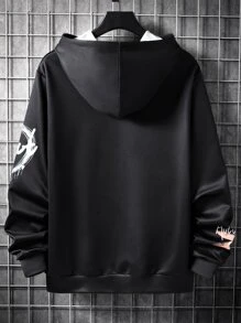 Manfinity Hombres Capucha con estampado de letra con cordón - Negro - Ver 2