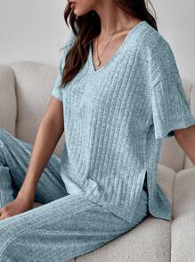 Drop Shoulder Slit Side Lounge Set - Baby Blue - View 3