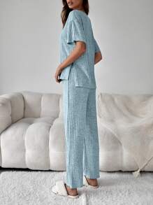 Drop Shoulder Slit Side Lounge Set - Baby Blue - View 2