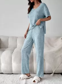 Drop Shoulder Slit Side Lounge Set - Baby Blue - View 1