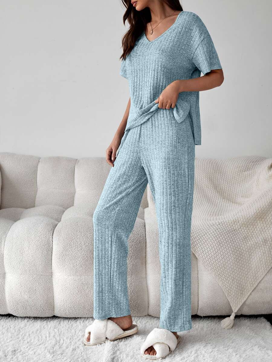 Drop Shoulder Slit Side Lounge Set - Baby Blue - View 1