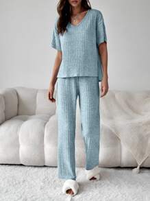 Drop Shoulder Slit Side Lounge Set - Baby Blue - View 5