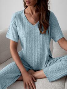 Drop Shoulder Slit Side Lounge Set - Baby Blue - View 6