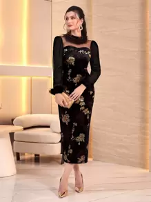 Modelyn 印花毛茸茸袖口嵌入網紗小高領絲絨緊身連衣裙 - 黑色 - 查看 3