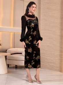 Modelyn 印花毛茸茸袖口嵌入網紗小高領絲絨緊身連衣裙 - 黑色 - 查看 4