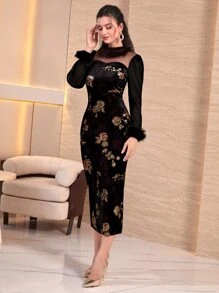 Modelyn 印花毛茸茸袖口嵌入網紗小高領絲絨緊身連衣裙 - 黑色 - 查看 5