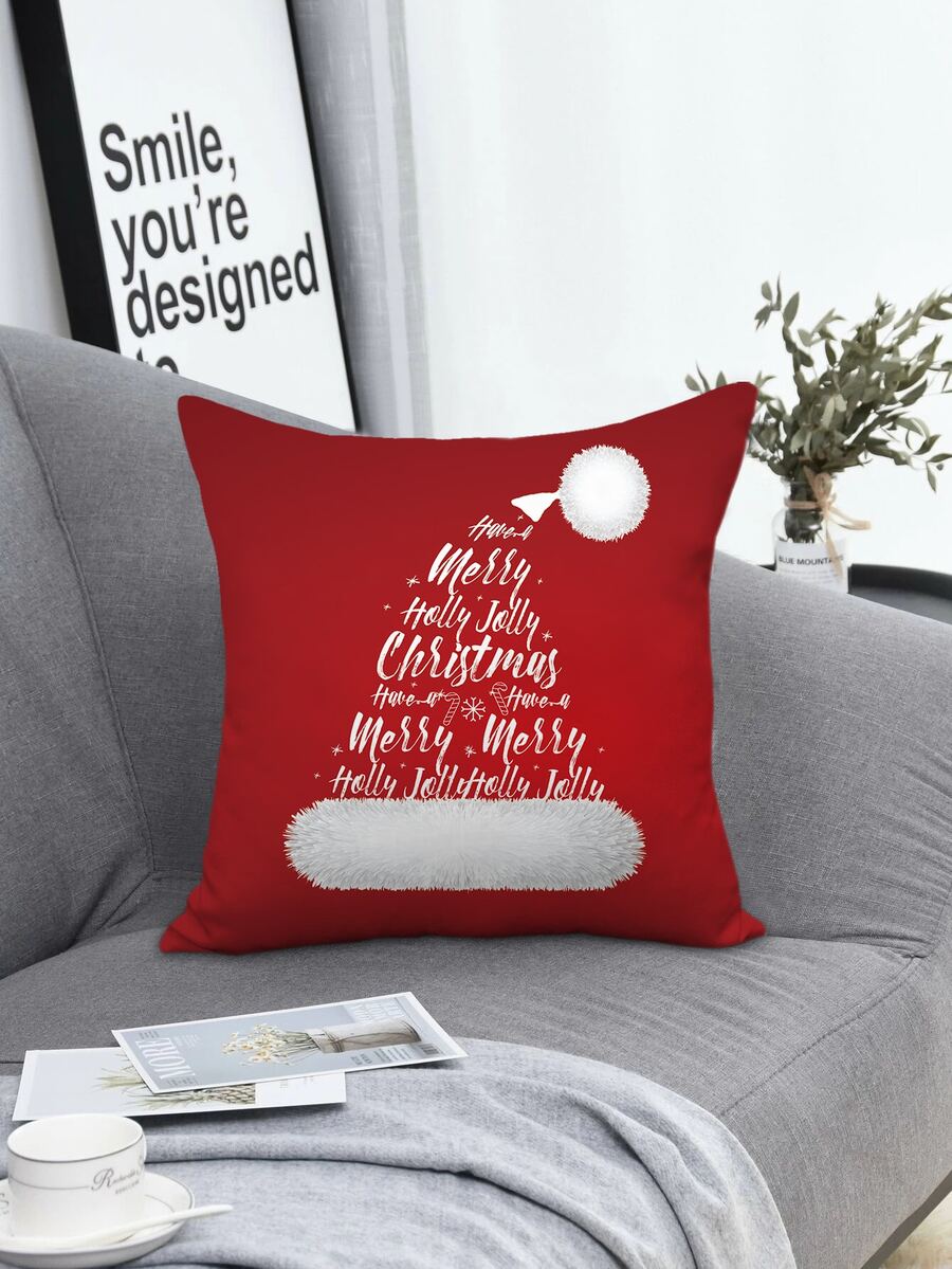1入組聖誕標語圖案靠墊套不附帶墊芯 - 紅白色 - 查看 1