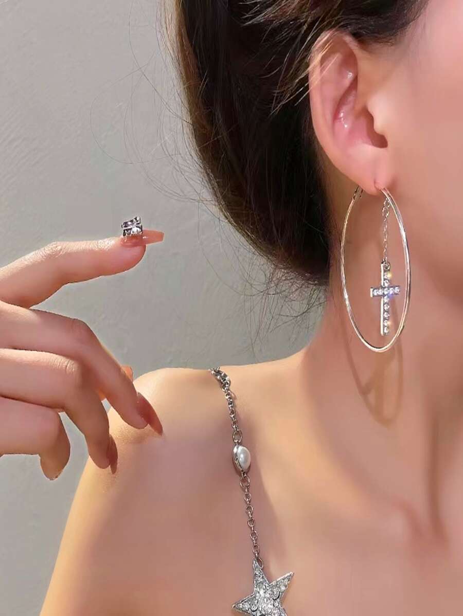 Hoa tai thả chữ thập Rhinestone - Bạc - Xem 1