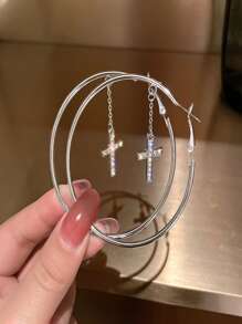 Hoa tai thả chữ thập Rhinestone - Bạc - Xem 2