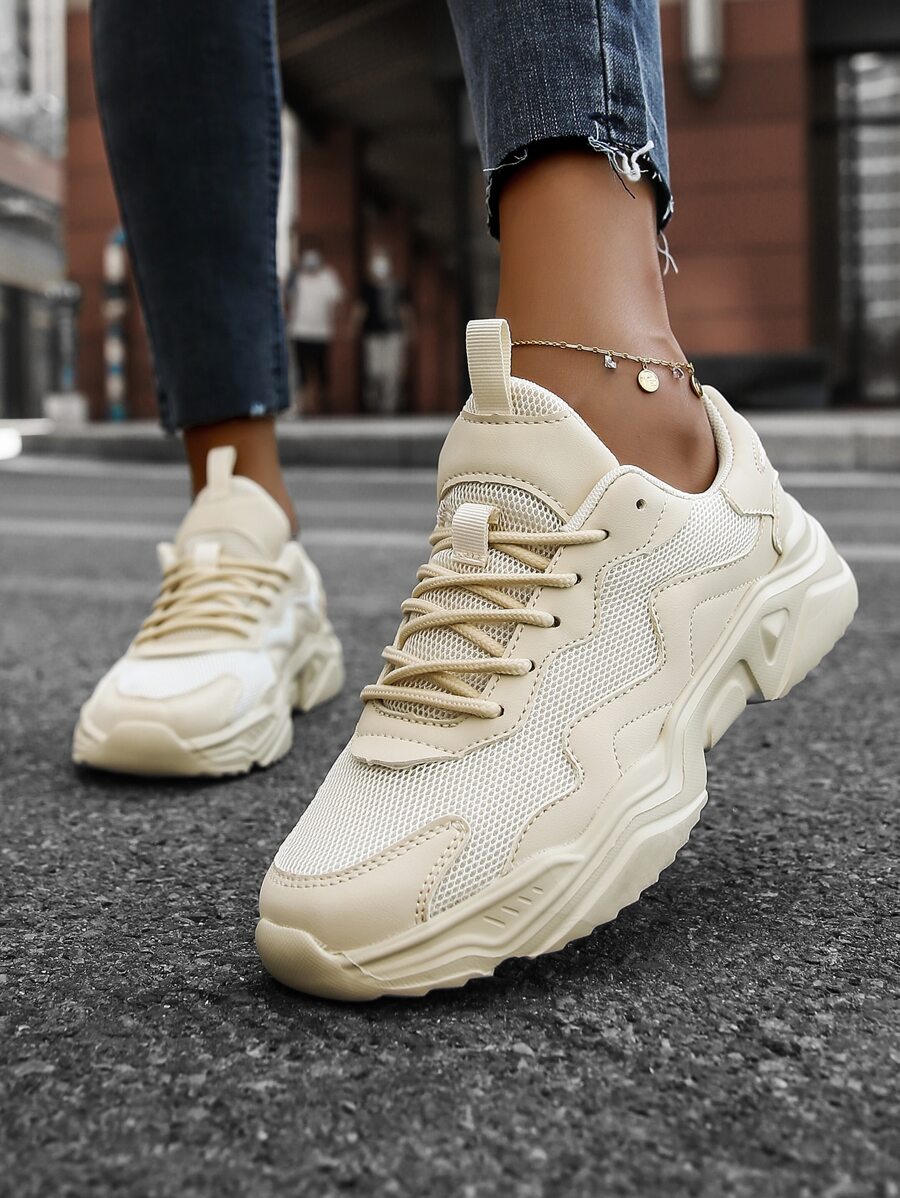 Lace-up Front Chunky Sneakers - Beige - View 1