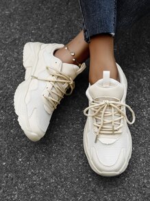 Lace-up Front Chunky Sneakers - Beige - View 7