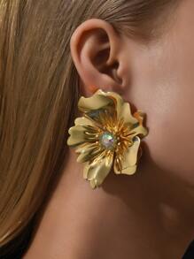 Rhinestone Decor Flower Design Stud Earrings - Yellow Gold - View 1