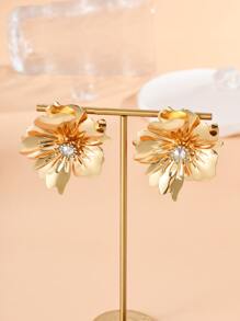 Rhinestone Decor Flower Design Stud Earrings - Yellow Gold - View 2