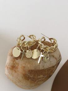 1pair European Style Fashion Alloy Open Hoop Earrings With Chain & Cross Pendant For Women Daily Wear - Yellow Gold - View 2