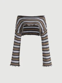 SHEIN MOD Striped Pattern Lettuce Trim Crop Jumper Without Tank - Multicolor - View 2