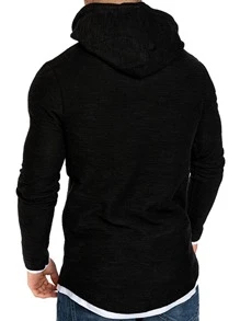 Manfinity Homme Men Contrast Trim Drawstring Hoodie, Plain, Long Sleeve, Casual, Boyfriend Daddy Gift, Fall - Black - View 2