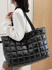 Bolso tote de hombro geométrico guateado - Negro - Ver 6