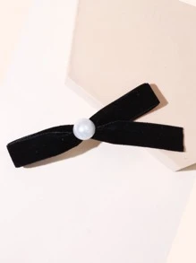 件女士天鵝絨蝴蝶結和珍珠裝飾髮飾，優雅，復古，可愛，適合日常佩戴 - 黑色 - 查看 2