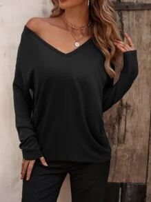 SHEIN LUNE Solid V Neck Drop Shoulder Tee - Black - View 1