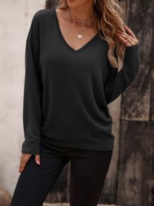SHEIN LUNE Solid V Neck Drop Shoulder Tee - Black - View 3