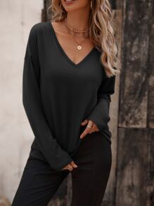 SHEIN LUNE Solid V Neck Drop Shoulder Tee - Black - View 5