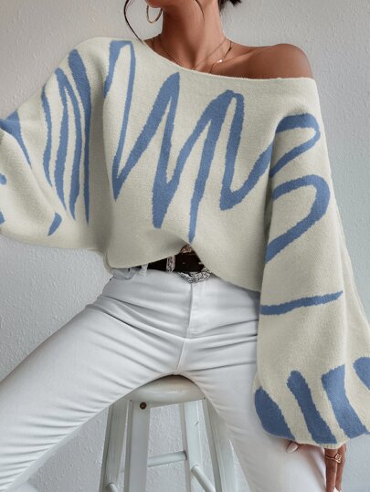 SHEIN LUNE Graphic Pattern Lantern Sleeve Sweater,Long Sleeve Tops Knit Pullover Fall Winter