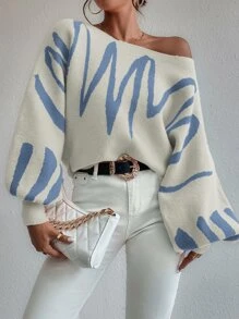 Chiquease Graphic Pattern Lantern Sleeve Sweater,Long Sleeve Tops Knit Pullover Fall Winter Outfit - Beige - View 6