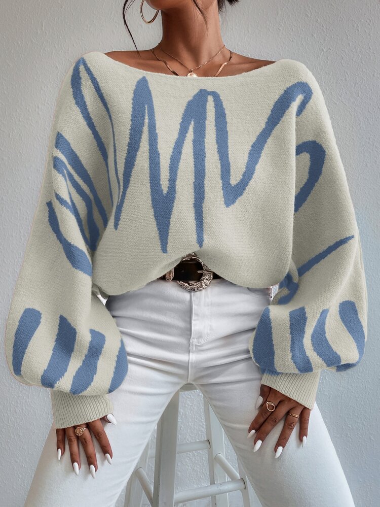 Graphic Pattern Lantern Sleeve Sweater,Long Sleeve Tops Knit Pullover Fall Winter