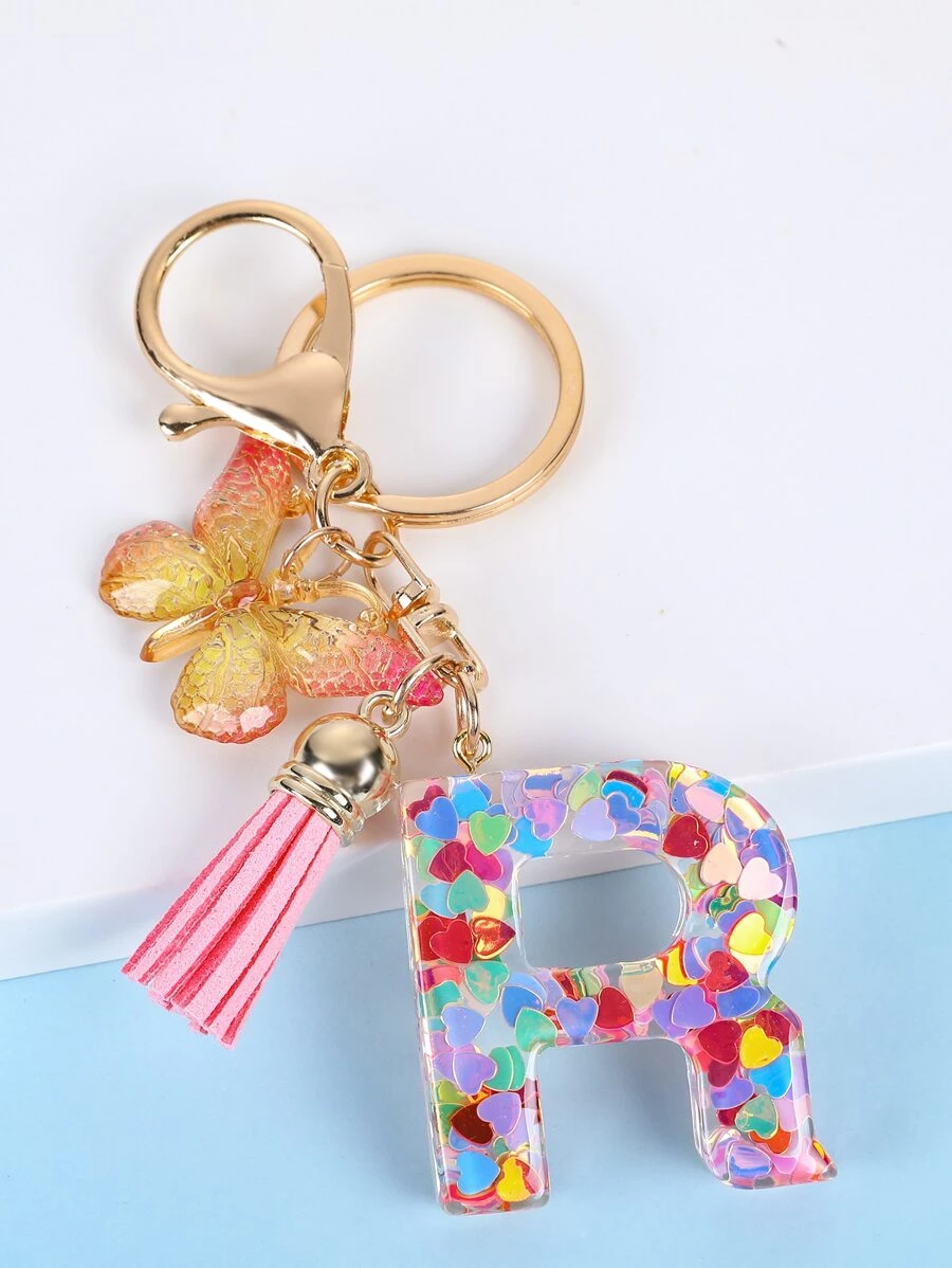 Butterfly & Letter Charm Keychain - Multicolor - View 1