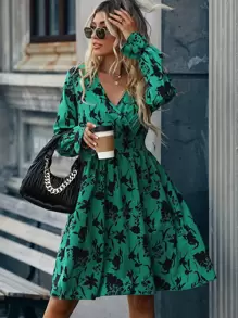 Chiquease Surplice Front Floral Print Dress Fall Cloth For Women - Green - View 1