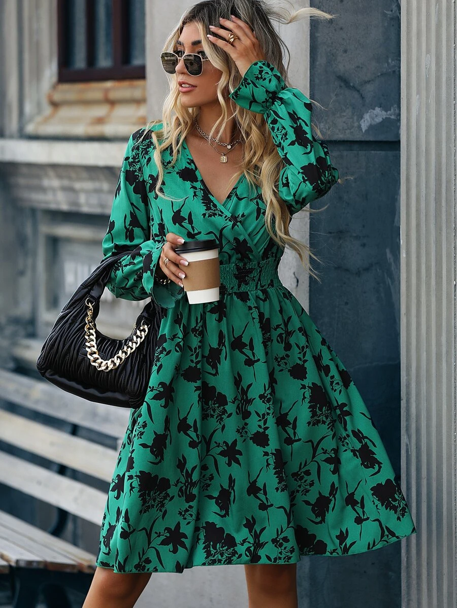 Chiquease Surplice Front Floral Print Dress Fall Cloth For Women - Green - View 1