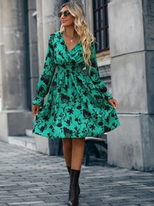 Chiquease Surplice Front Floral Print Dress Fall Cloth For Women - Green - View 5