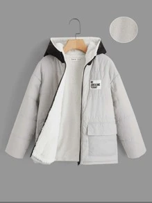 SHEIN 男童标语贴花细节泰迪熊衬里连帽夹棉外套