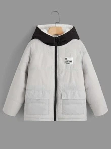 SHEIN 男童标语贴花细节泰迪熊衬里连帽夹棉外套