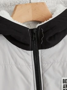 SHEIN 男童标语贴花细节泰迪熊衬里连帽夹棉外套