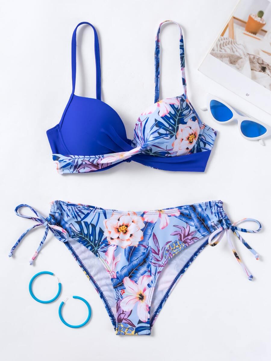 SHEIN Swim Tropical Print Push Up Tie Side Bikini Set,Summer Beach - Royal Blue - View 1