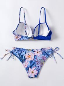 SHEIN Swim Tropical Print Push Up Tie Side Bikini Set,Summer Beach - Royal Blue - View 2