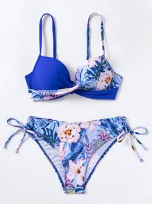 SHEIN Swim Tropical Print Push Up Tie Side Bikini Set,Summer Beach - Royal Blue - View 4