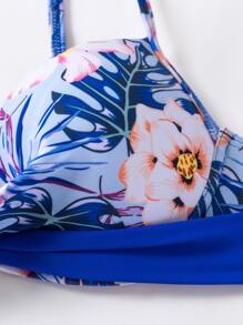 SHEIN Swim Tropical Print Push Up Tie Side Bikini Set,Summer Beach - Royal Blue - View 7