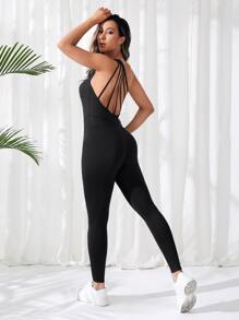 SHEIN Sports Strappy Backless Sports Jumpsuit - Black - View 6
