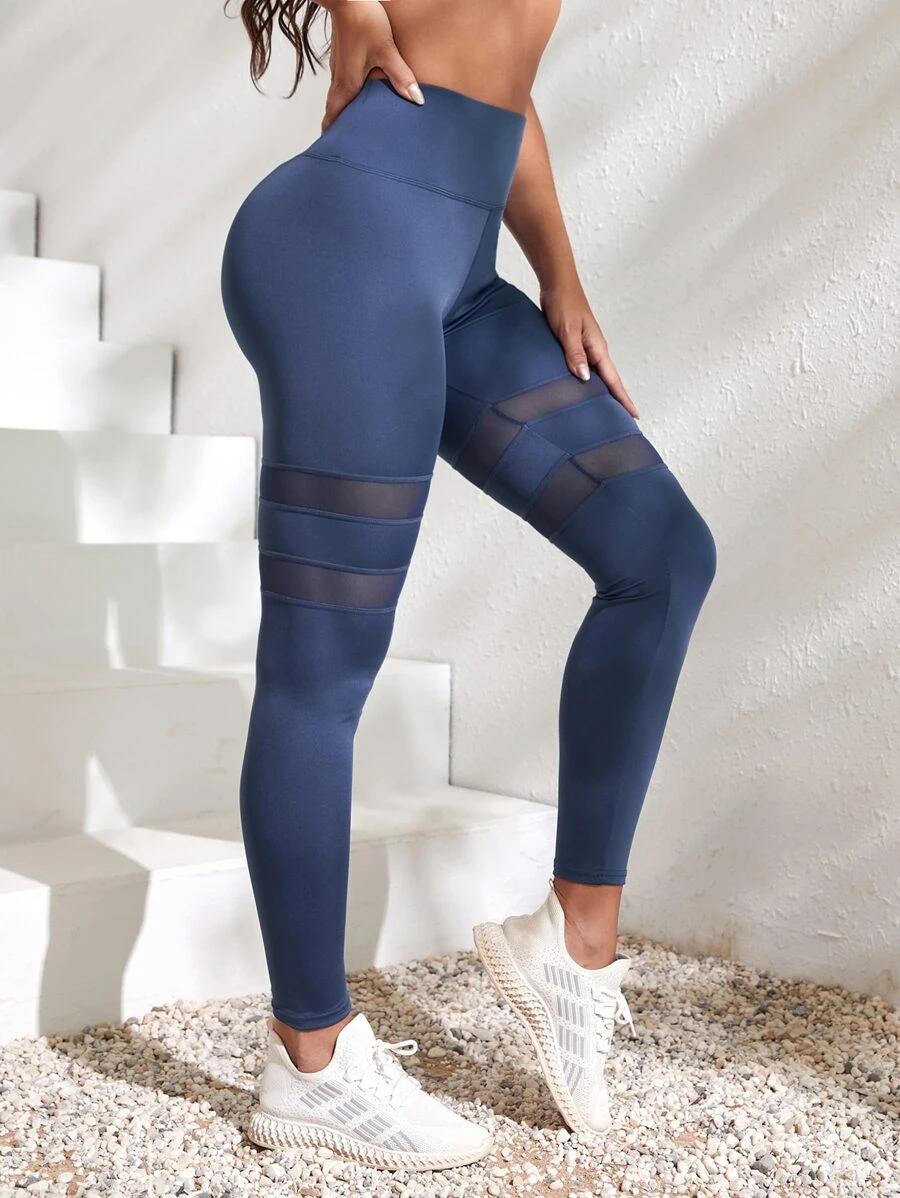 Easithlete Training Tights High Stretch Contrast Mesh Wide Waistband Sports Leggings - Navy Blue - View 1