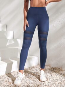 Easithlete Training Tights High Stretch Contrast Mesh Wide Waistband Sports Leggings - Navy Blue - View 4
