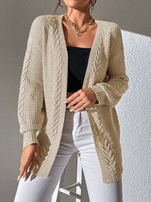 SHEIN Frenchy Cable Knit Drop Shoulder Duster Cardigan - Apricot - View 6