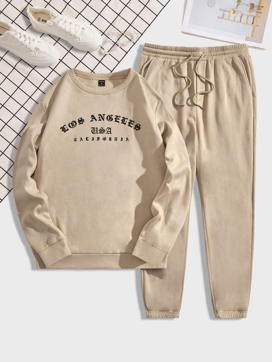 Manfinity Men Letter Graphic Sweatshirt & Joggers - Apricot - View 1