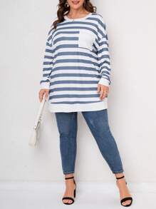 SHEIN LUNE 大碼條紋圖案落肩T恤 - 藍白色 - 查看 4