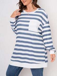 SHEIN LUNE 大碼條紋圖案落肩T恤 - 藍白色 - 查看 5