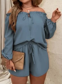 SHEIN Clasi 大碼一字肩燈籠袖前繫帶上衣和短褲套裝 - 霧霾藍 - 查看 3