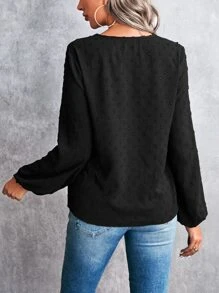 SHEIN Clasi Swiss Dot Ruffle Trim Bishop Sleeve Blouse - Black - View 2